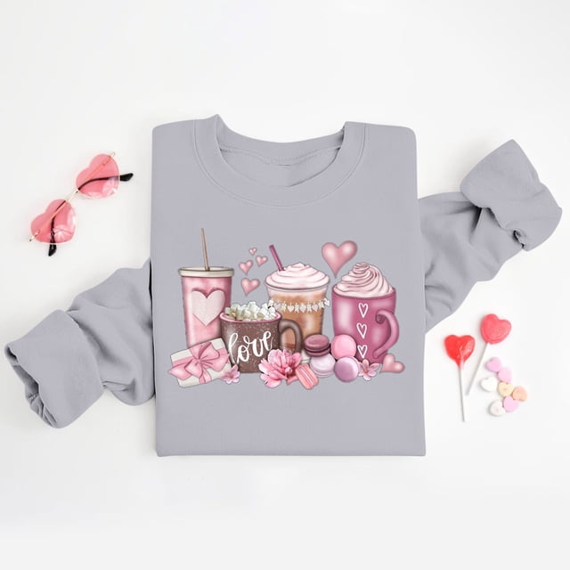 Amzcrzy Chandails en Molleton pour Femmes Manches Longues Chemises pour Femmes Saint-Valentin Café Décontracté Imprimé Manches Longues Col Rond Chandail à Capuchon Imprimé Mode Chandail en Molleton Sans Tête S