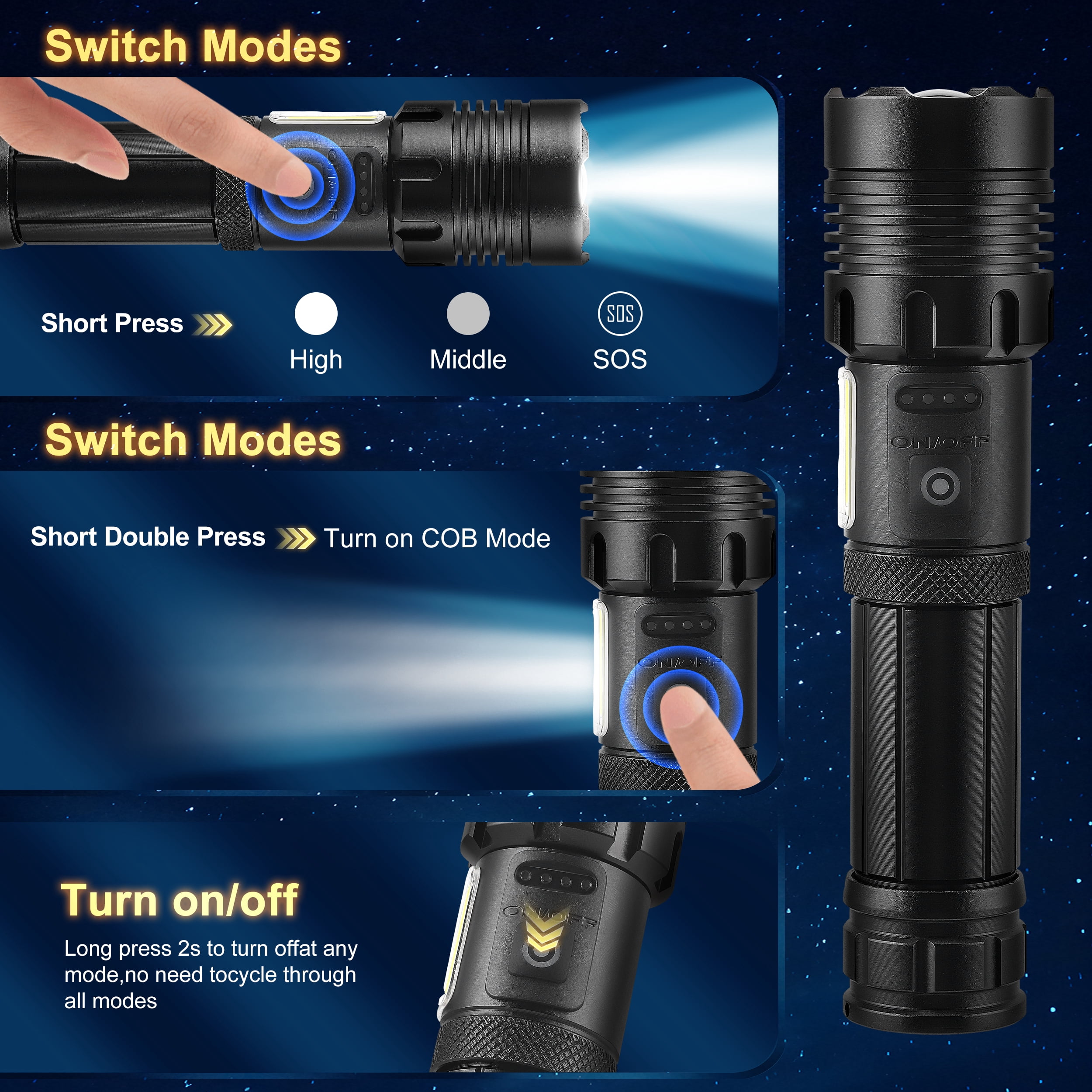 YTAKY Flashlight 4 Pack 100000 Lumens, Rechargeable Flashlight, XHP70.2 LED, 3000mAH, Waterproof, Zoomable Torch for Hiking Camping Powerful
