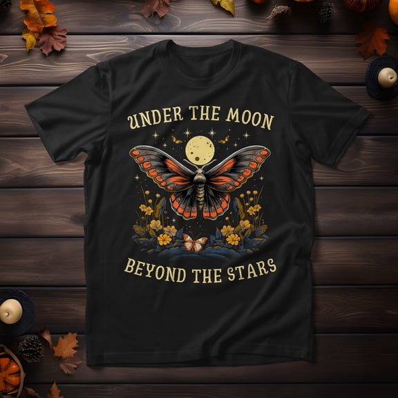 Moth With Flowers And Moon Beyond The Stars Unisex Cotton T-Shirt, Butterfly Vibe Tee, Vintage Trendy Style