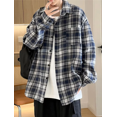 thumbnail image 2 of Camisa de manga larga a cuadros en blanco y negro para hombre, ropa de estilo informal, chaqueta de primavera y otoño, de gran tamaño, de tejido de poliéster transpirable, 2 of 4