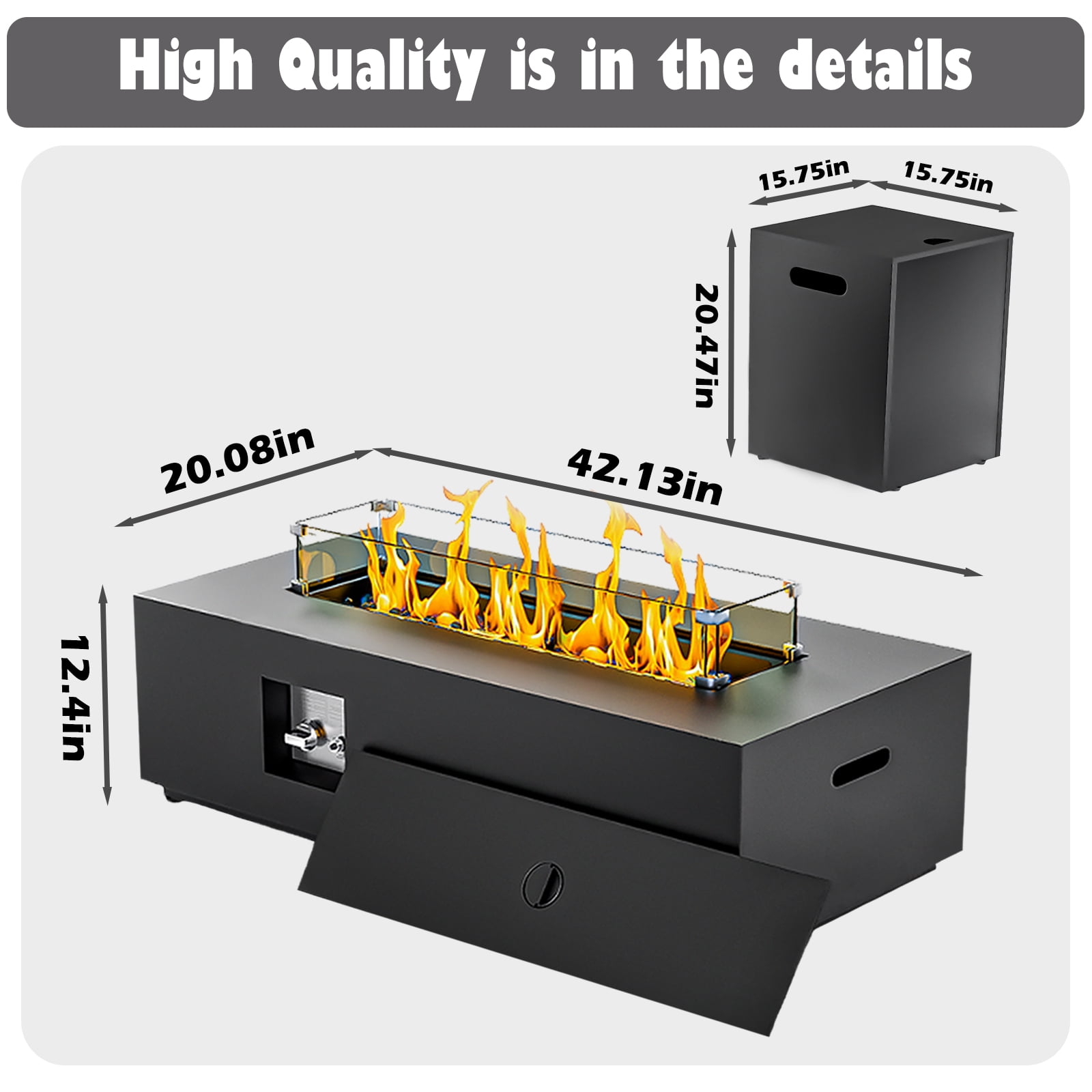 ConToose 42inch Propane Rectangle Fire Pit - Black, 50,000 BTU, Iron Body, Pulse Ignition with Complete Accessories