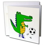 3dRose Funny Cute Alligator Playing Soccer Cartoon - Greeting Card, 6 by 6-inch