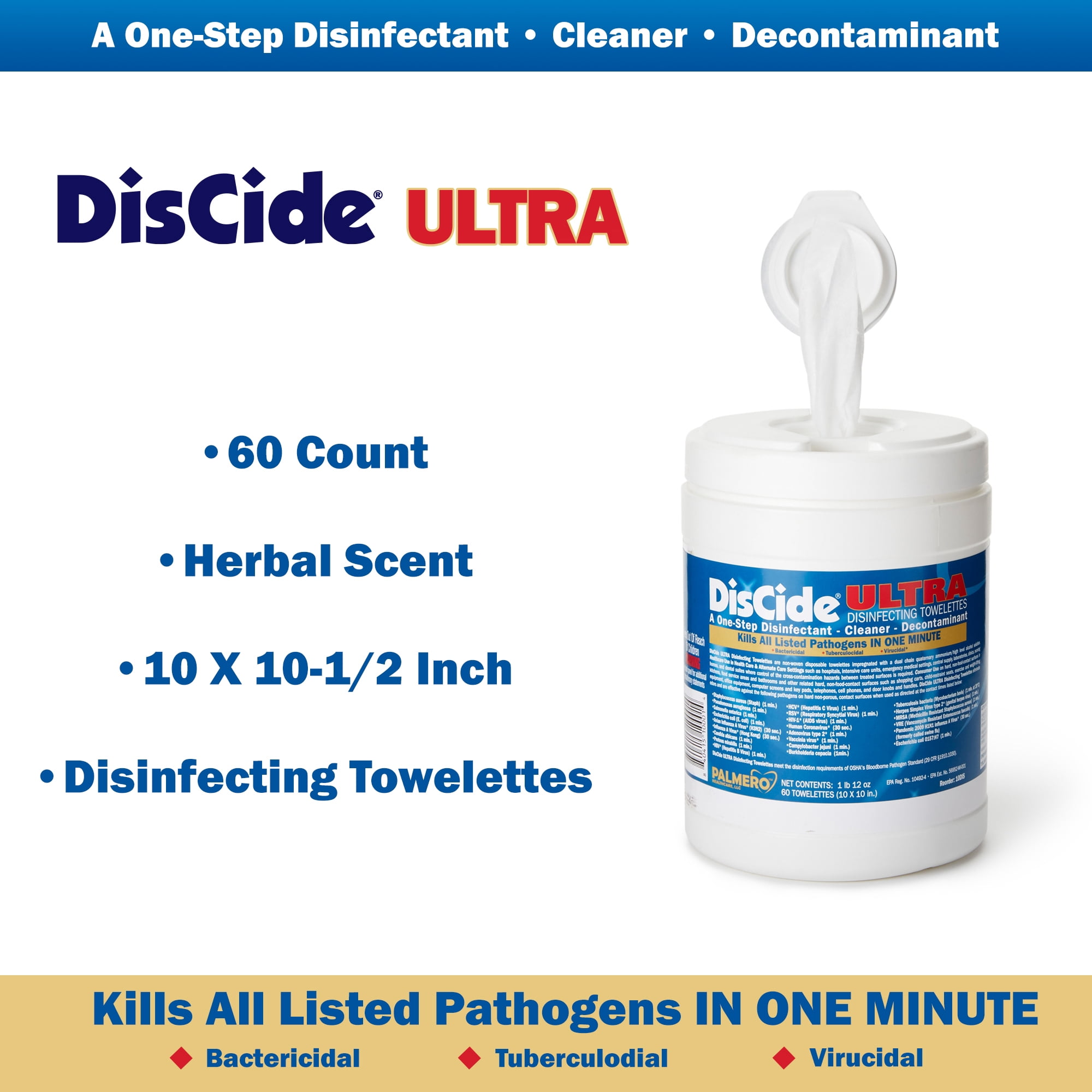 DisCide Ultra Surface Disinfectant Cleaner Wipe Canister Herbal Scent 60 Ct 10DIS