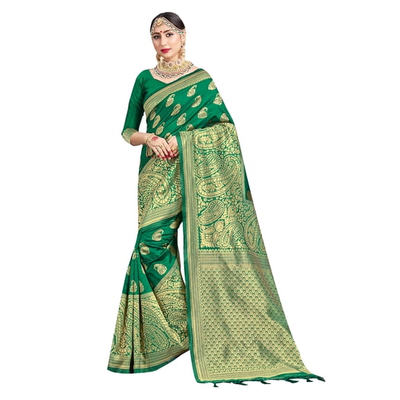 Sarees for Women Banarasi Art Silk Woven Sari - Indian Diwali Ethnic Gift Festival Saree & Unstitched Blouse Green