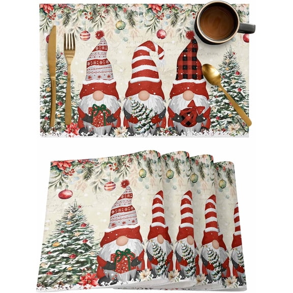 Placemats Set of 6, Cotton Linen Heat Table Mats Non-Slip Washable Merry Christmas Gnomes Xmas Tree Poinsettia Balls Placemat for Holiday Banquet Dining Kitchen Table Decor