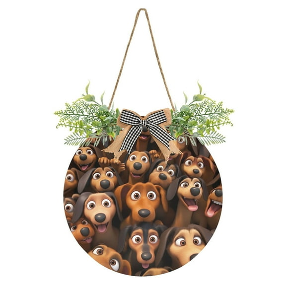 Cartoon Dachshund Front Door Porch Decoration Hanging Sign with Artificial Green Plants and Bow for Home Outdoor Indoor