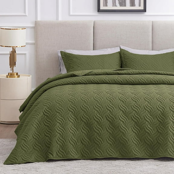 Twin Quilt Bedding Set Olive Green Bedspreads - Soft Bed Summer Quilt Lightweight Microfiber Bedspread- Wave Pattern Bedding Coverlet for All Season - 2 Piece (1 Quilt, 1 Pillow Sham)
