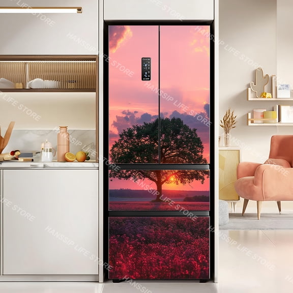 Landscape View of Arched Door Mural Refrigerator Wrapping Wallpaper Self-adhesive Forest Jungle Animal Fridge Door Art Sticker