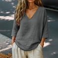 thumbnail image 2 of Women's V Neck 3/4 Sleeve Linen Blouse Loose Fit Solid Color Summer Top, 2 of 7