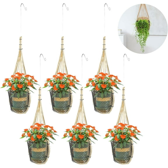 Orchid Hanging Pot Planters: 6PCS Handmade Bamboo Woven 4 Inch Hanging Orchid Basket with Metal Hook, Small Flower Plants Planter for Indoor Outdoor Patio Garden Decoration