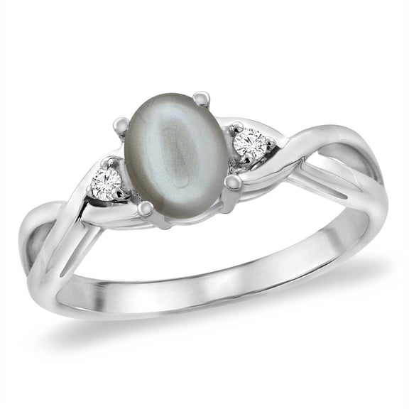 14K White Gold Diamond Natural Gray Moonstone Infinity Engagement Ring Oval 7x5 mm, size 9