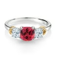 thumbnail image 2 of Gem Stone King 925 Sterling Silver and 10K Yellow Gold Fancy Pink Zirconia 3 Stone Engagement Ring for Women (2.02 Cttw, Cushion Cut 6MM and 4MM, Available in Size 5, 6, 7, 8, 9), 2 of 4