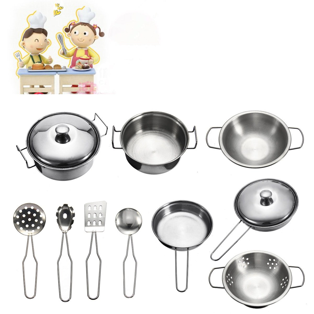 10PCS Mini Stainless Steel Kitchen Cookware Pots Pans Kid Pretend Cook Play Toys 