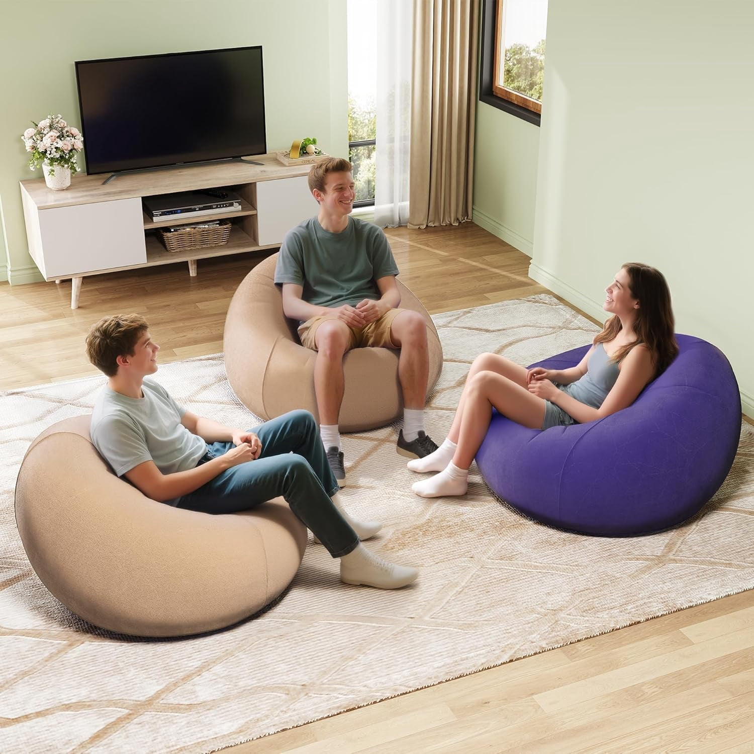 2 Pcs Bean Bag Chair for Kids Adults, Inflatable Chair, No Filler, Comfy, Suit for Dorm Gaming Room Indoor Outdoor, Beige and Purple