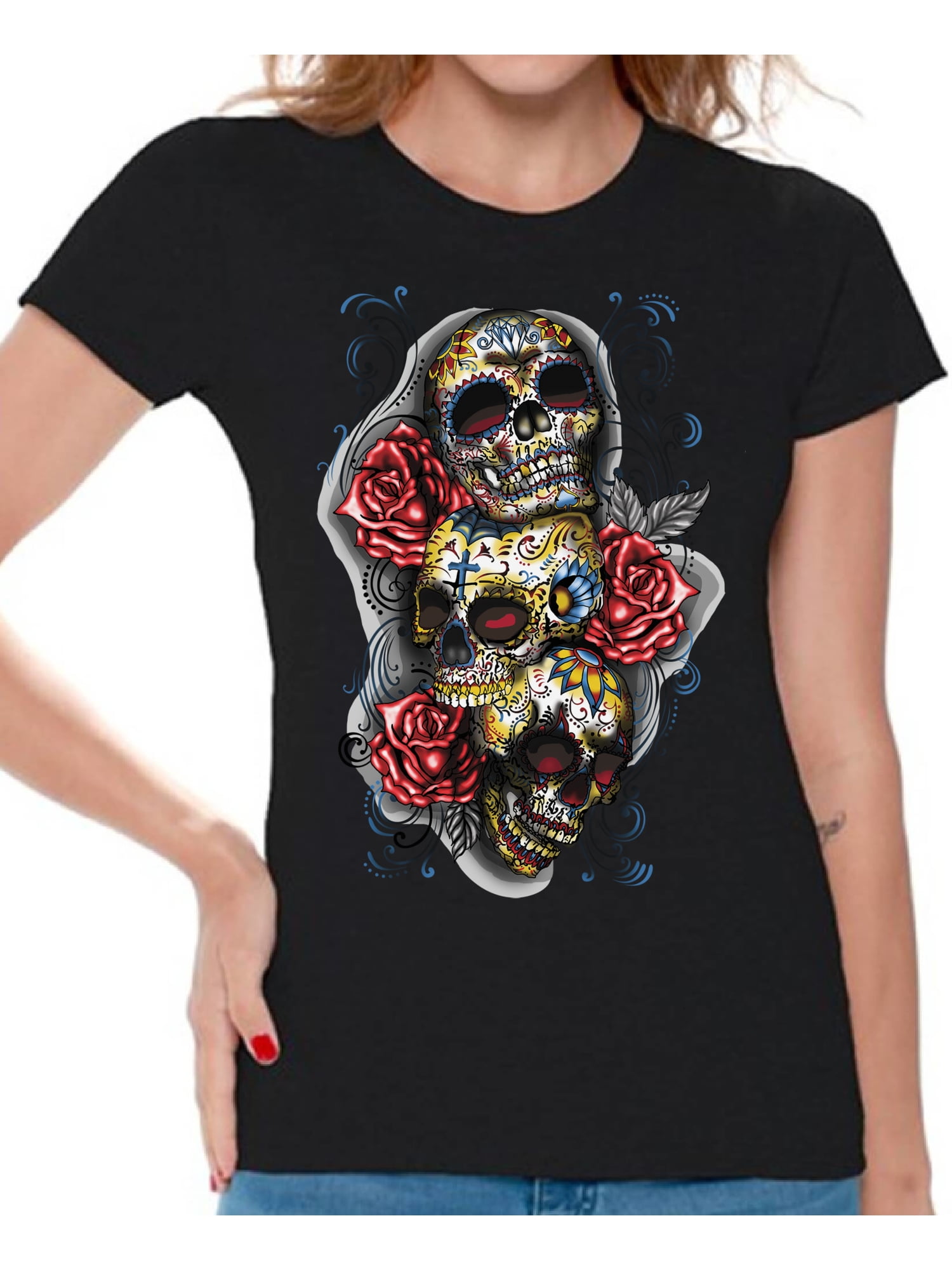 Sugar Skull Cross Pink Roses Women's T-Shirt Day of the Dead Los Muertos Shirts 