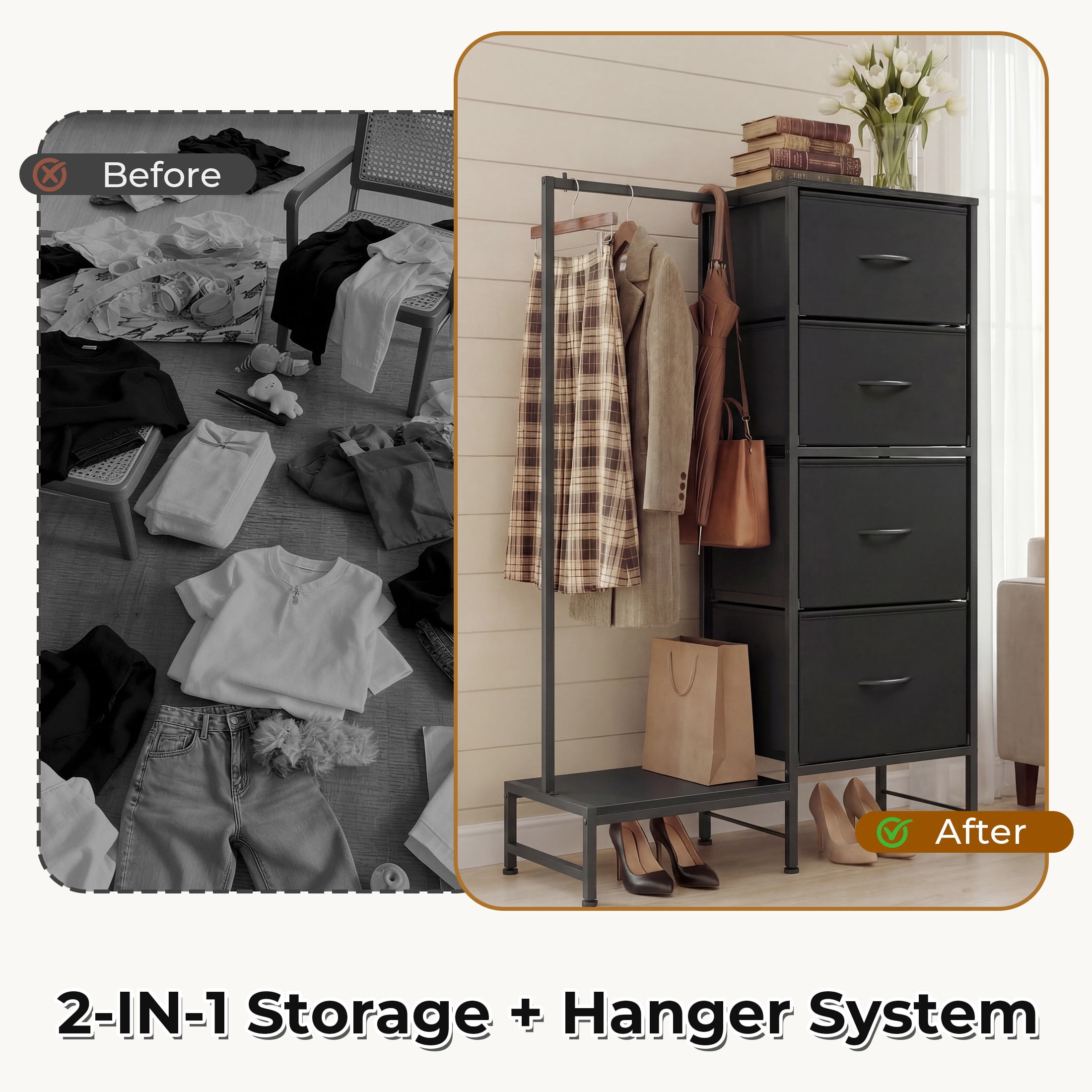 EDX 44"H Dresser with Hanging Rack, 4 Drawers Small Closet for Bedroom, Can be assembled by flipping left and righte Clothes Rack, Sturdy Frame, Black