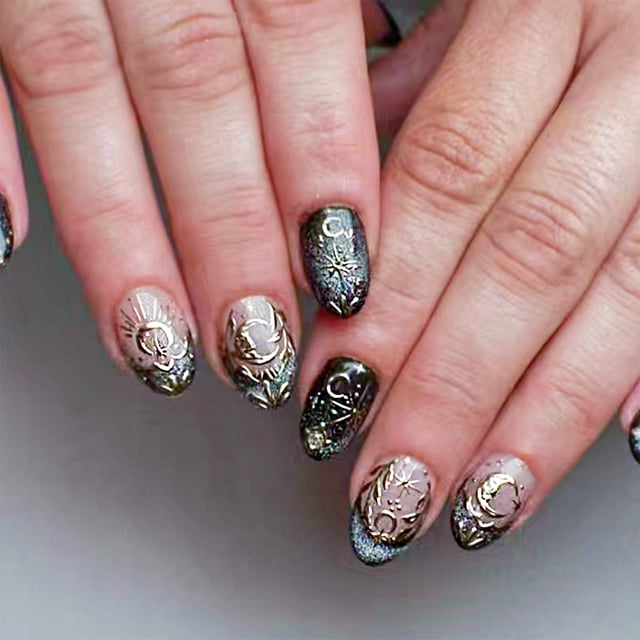 Uñas postizas Press On AROVFAM 24 piezas negras y doradas almendradas