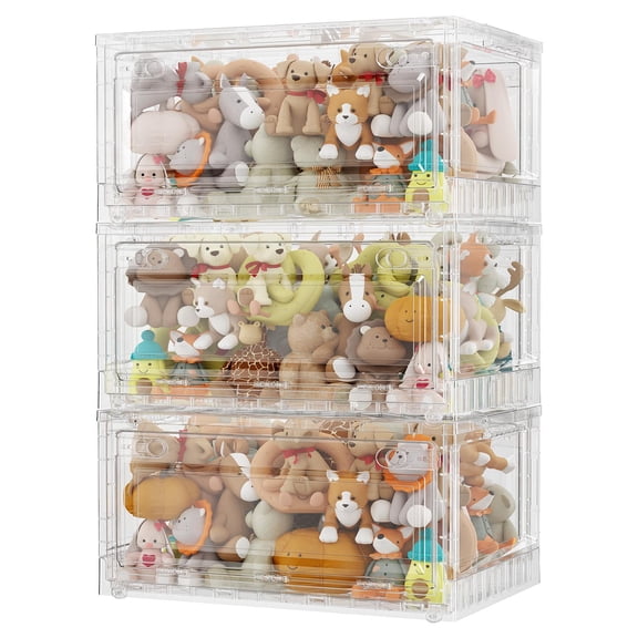 Broview 60Gal Clear Stackable Storage Bins with Latching Lids & Wheels, 3Pack Plastic Foldable Closet Organizers Box with Front Back Doors, for Home Room Toys Crafts