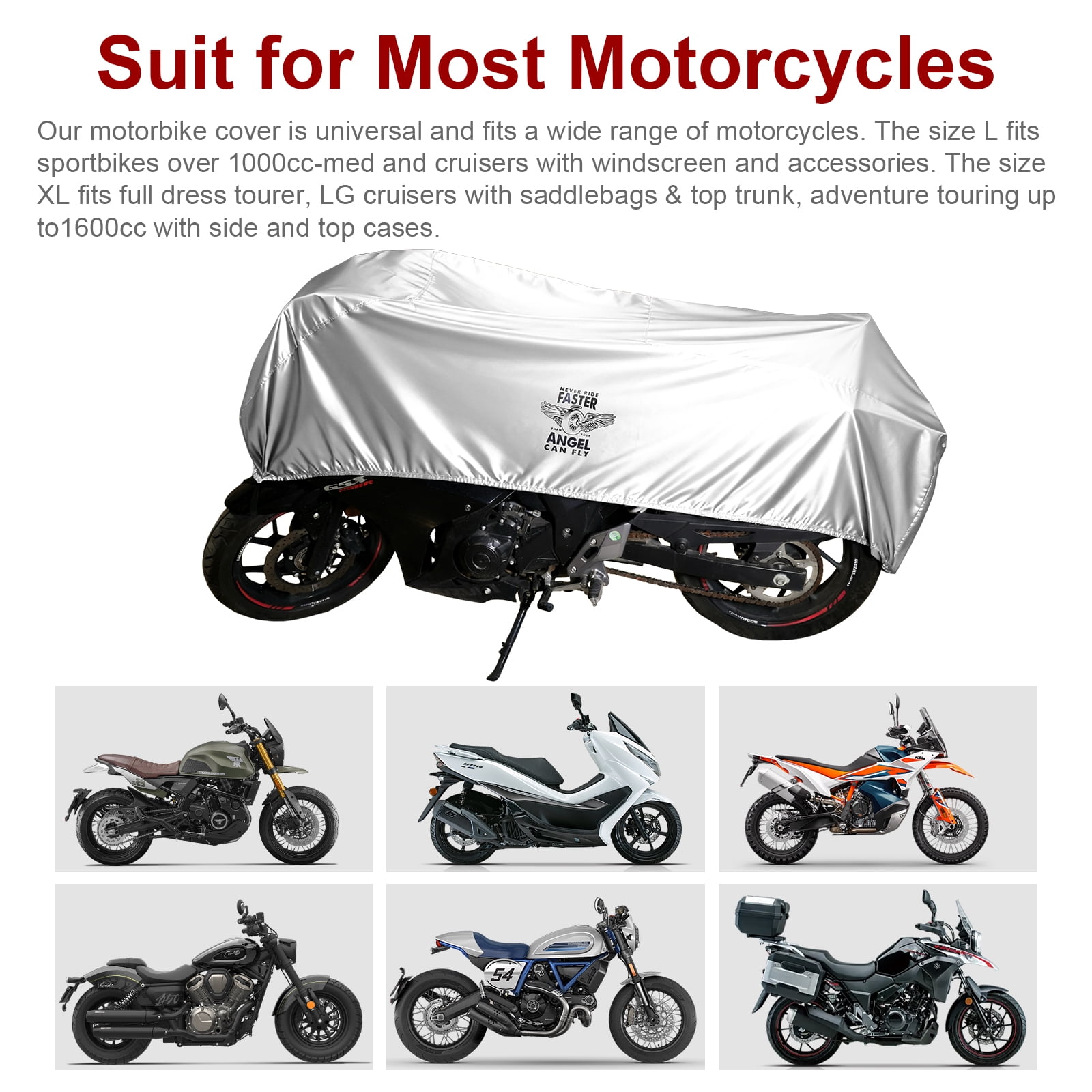 Dream Apparel Motorcycle Half Cover, Waterproof Motorcycle Cover for Outdoor, Rain Snow Dust Protection Universal Fit Heavy Duty Motorbike Vehicle Cover with Storage Bag, Silver with Wing Wheel XL