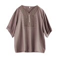 thumbnail image 4 of Women's Long Sleeve T-shirt 3/4 Sleeve Linen Shirts For Women 2025 Cotton Summer Retro Embroidered Boho Tops Casual Trendy Vacation Blouse,Brown Women's Long sleeve T-shirt M, 4 of 6