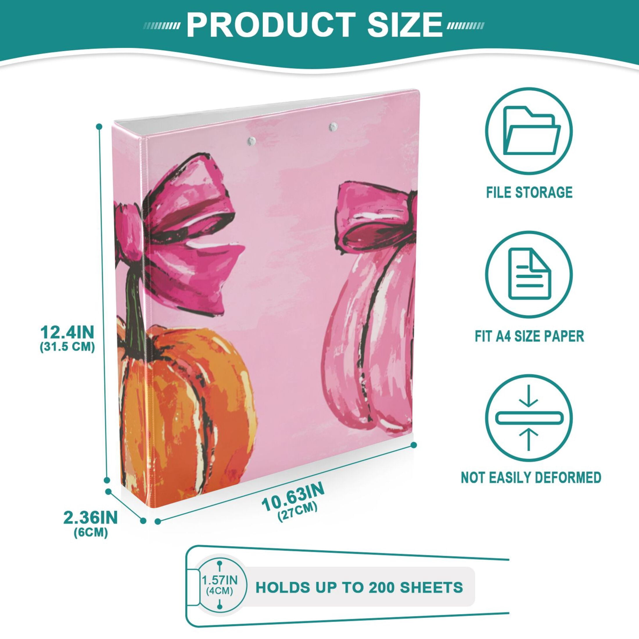 Pink Pumpkins and Bows 3 Ring Binders 1.5 inch Hardcover File Folders with Interior Pockets A4 Size Organizer for School Office Hospital