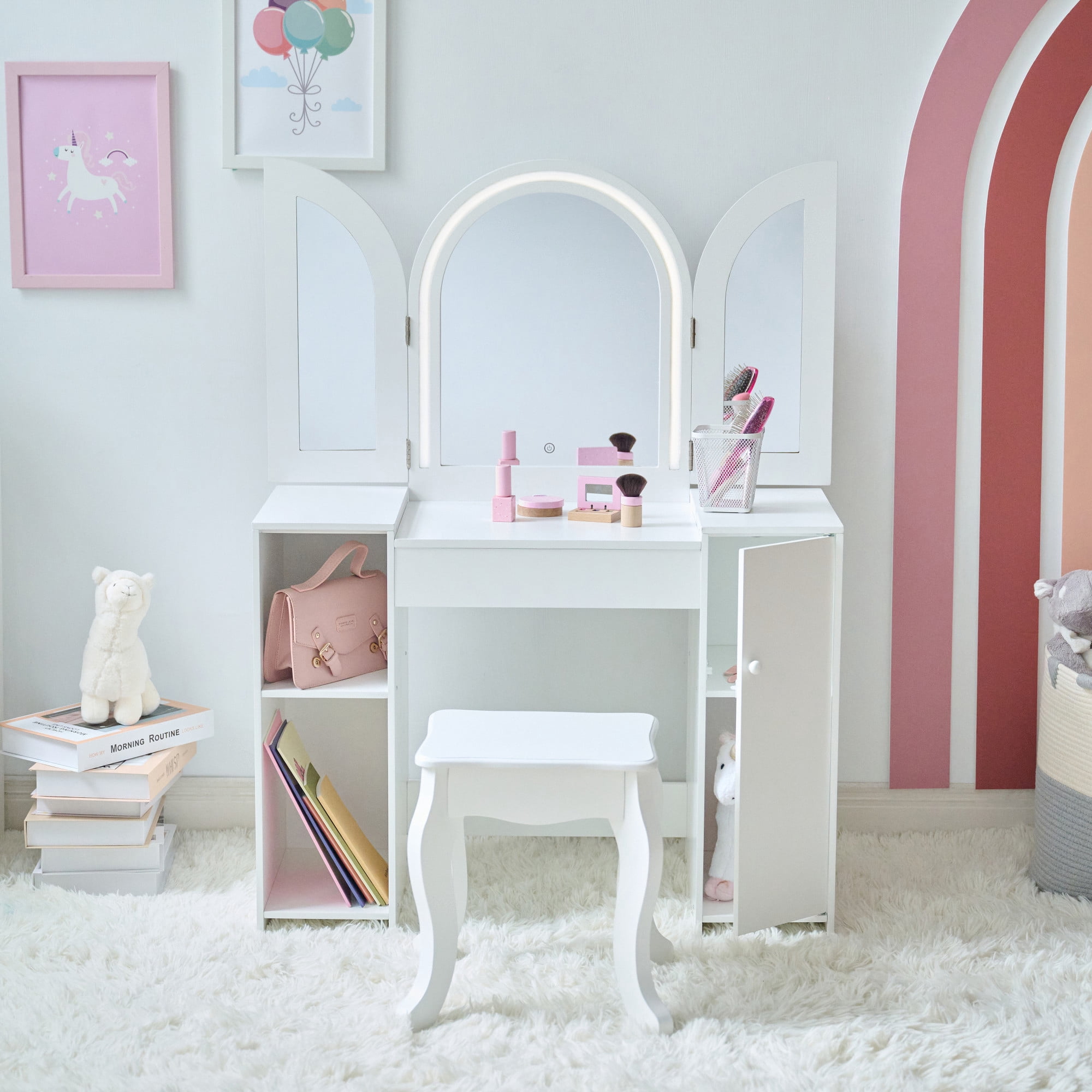 Teamson Kids Deluxe Glow 2-in-1 Wooden Vanity Desk with LED 3-Mirror, Storage, Touch Sensor & Stool, White