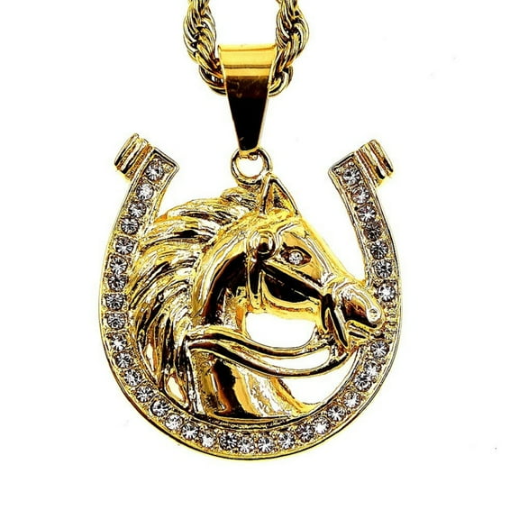 PikaLF Horse Head Necklace for Men, Hip Hop Horse Horseshoe Necklace, Norse Viking Horse Animal Pendant Necklace with 23.6"Chain, Stainless Steel Punk Rock Horse Pendant, Gold Horse Necklace Jewelry