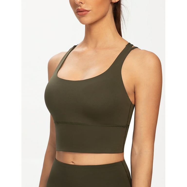 AGONVIN Women's Strappy Longline Yoga Sports Bra Padded Wireless Crop Top  Cami Tank Top Olive Green X-Large Plus 
