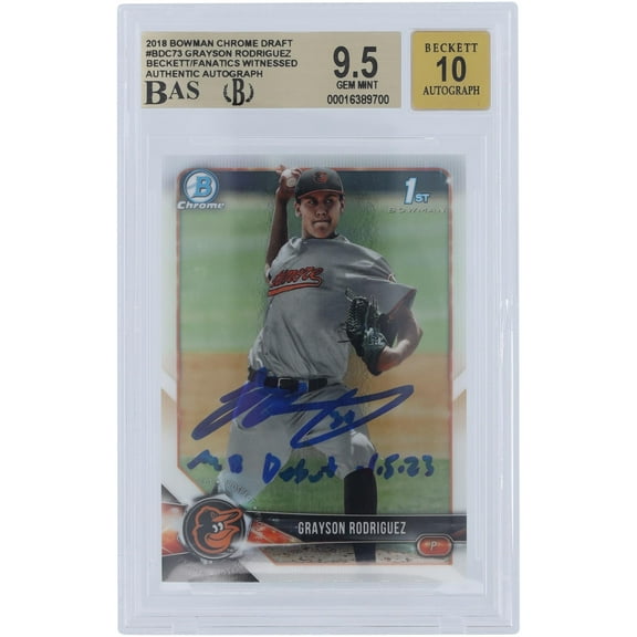 Grayson Rodriguez Baltimore Orioles Autographed 2018 Bowman Draft Chrome #BDC-73 Beckett Fanatics Witnessed Authenticated 9.5/10 Card with "MLB Debut 4/5/23" Inscription - Fanatics Authentic Certified