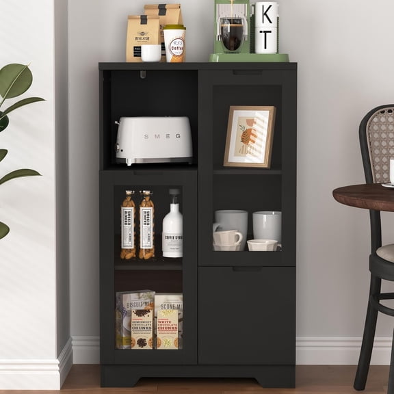 Buffet Sideboard with Storage, Dining Room Storage Cabinet, Entryway Cabinet with Glass Doors Drawer for Living Room, Bathroom, Entryway, Bedroom, Dining Room, Condo, Office, Black