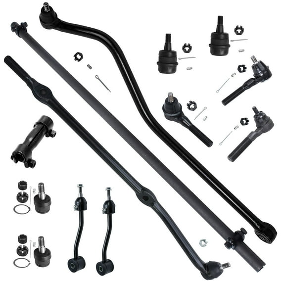 Detroit Axle - 13pc Front Suspension Kit for 97-06 Jeep Wrangler 4 Tie Rods 2 Sleeves 2 Sway Bars Track Bar 4 Upper & Lower Ball Joints 1998 1999 2000 2001 2002 2003 2004 2005 Replacement