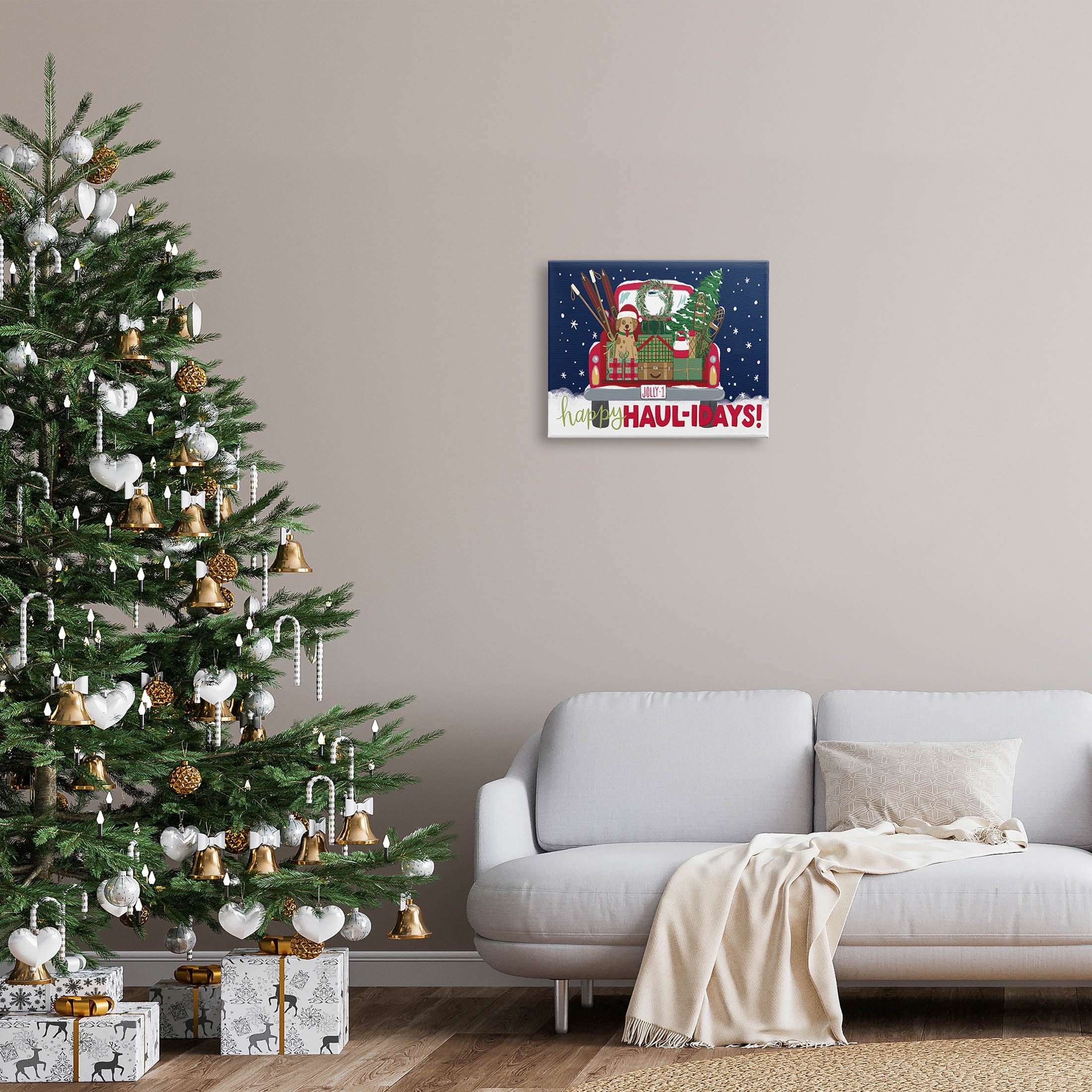 Stupell Industries Happy Haul-idays Christmas Gift Truck Graphic Art Gallery Wrapped Canvas Print Wall Art, Design by Amanda McGee