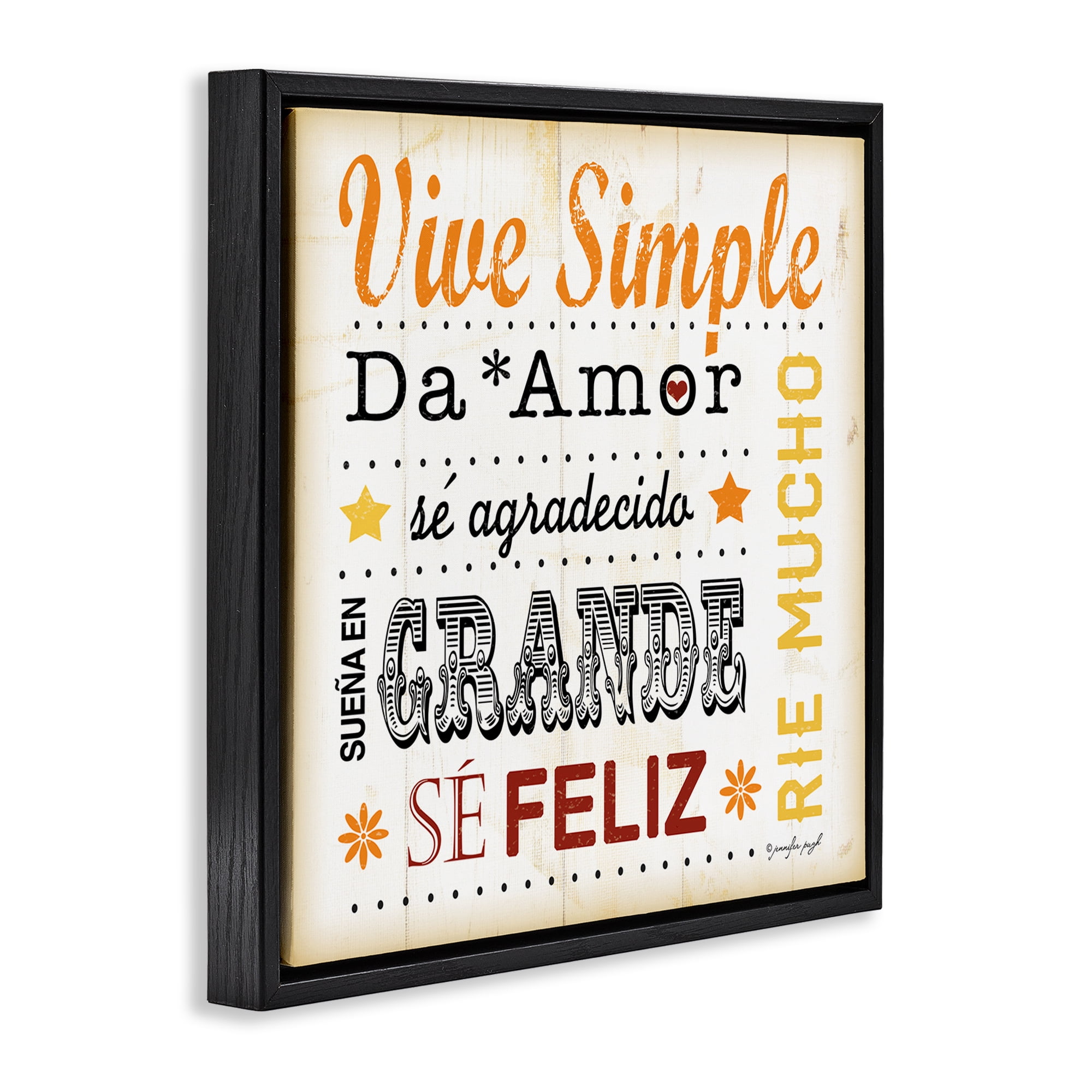 Stupell Industries Inspiraciones Diarias de Felicidad Inspirational Quotes & Sayings Painting Black Floater Framed Art Print Wall Art, 18 x 18
