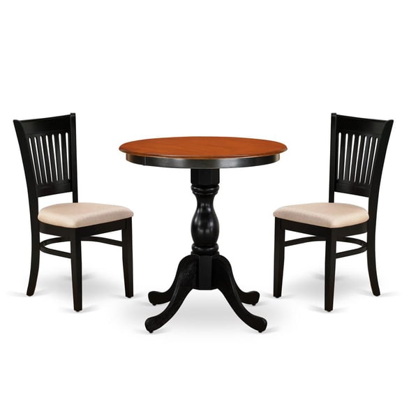 East West Furniture 3-Piece Dining Table Set Include a Wood Table and 2 Linen Fabric Kitchen Chairs with Slatted Back - Black Finish
