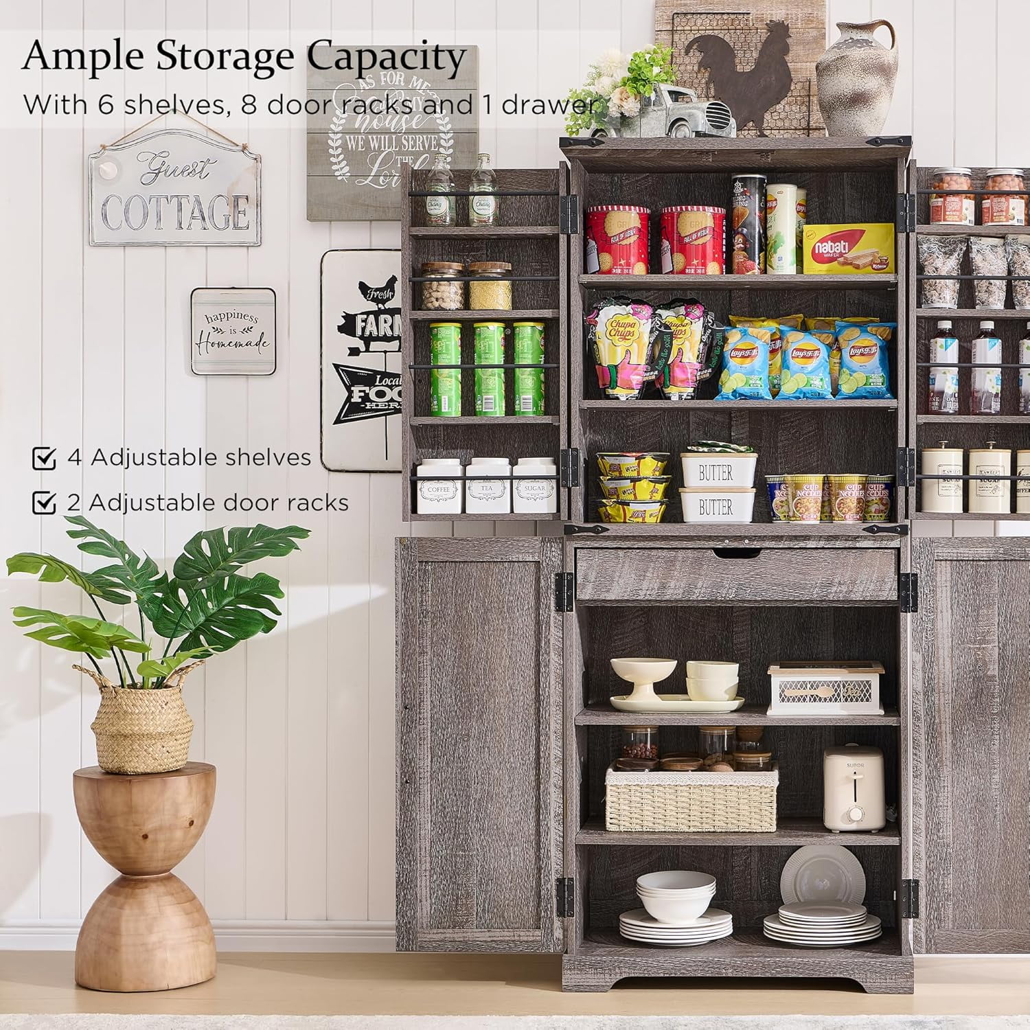ACCOHOHO 72" Tall Kitchen Pantry Cabinets, Farmhouse Storage Cabinet with Barn Door, Drawer & Adjustable Shelves for Kitchen, Dining Room, Bathroom, Rustic Grey