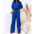 thumbnail image 4 of Women'S Solid Color Collared Blouse and High Waist Pants Two Piece Set Fashion Blue S, 4 of 9