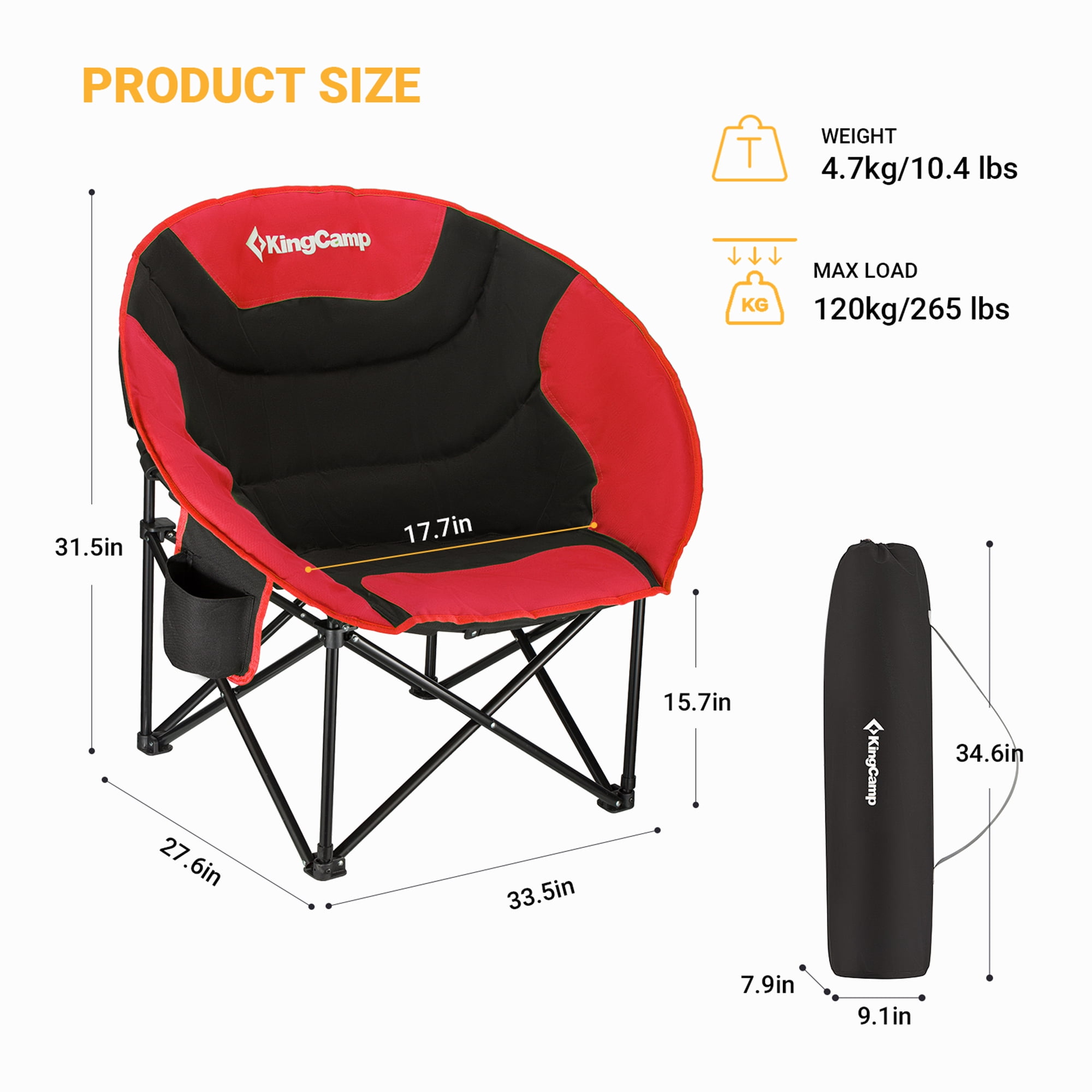 KingCamp Folding Camping Chair Oversized Round Chair with Cup Holder, Red