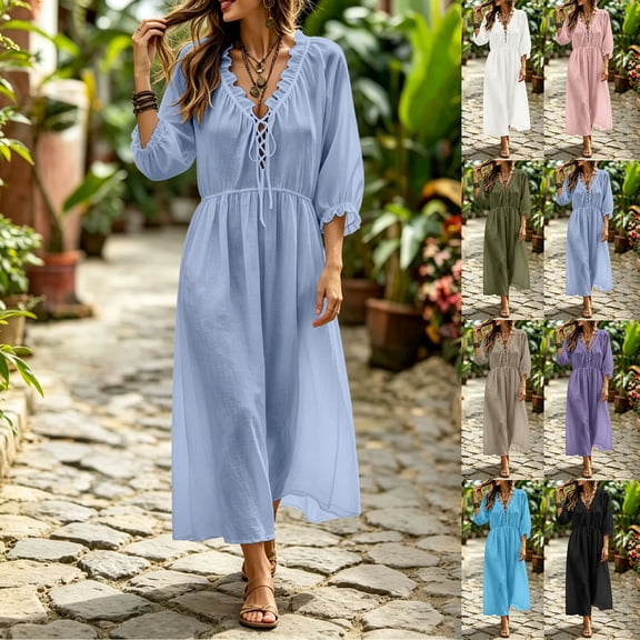 Omexry Dresses for Women 2026 Women's Summer 4/3 Sleeves V-neck Pocket Dress Casual Dress Long Skirt