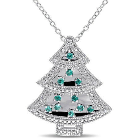 Tangelo 1/6 Carat T.G.W. Created Emerald and Created White Sapphire with Diamond-Accent Sterling Silver Christmas Tree Pendant, 18