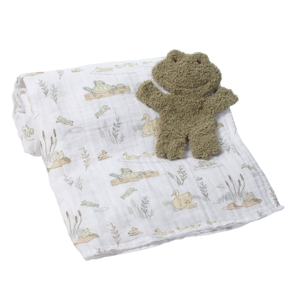 Lambs & Ivy Froggy Cotton Muslin Swaddle Blanket w/ Lovey Baby Gift Set