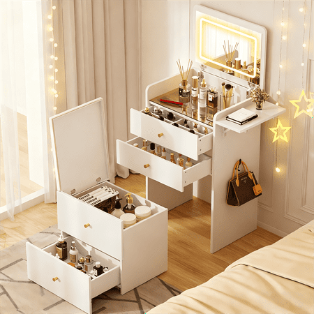 COMHOMA Small Vanity Desk with Mirror and Lights, 3 in 1 Makeup Table Set, Glass Top, Storage Stool, White