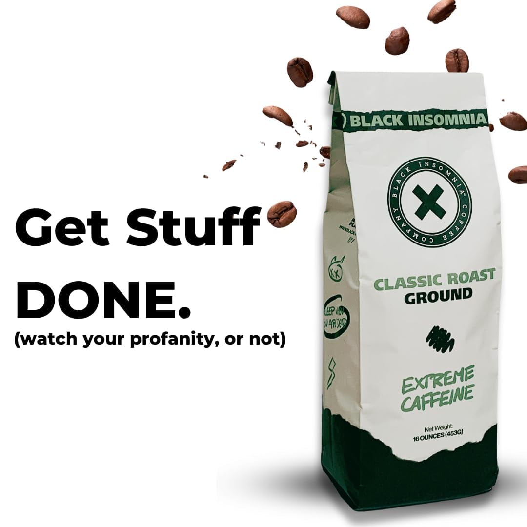 Black Insomnia Classic Roast Ground Coffee - The Strongest Coffee in the World - 1lb (2 Bags)