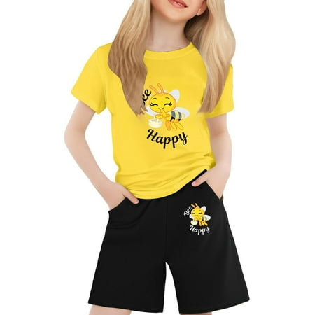 Gelikeya Girls Summer Outfits Girls Clothes Girls Short Sets Toddler Girl Summer Outfits 2-Piece Set Kids Tee Shirt and Pants Set (Yellow 10-11 Years)