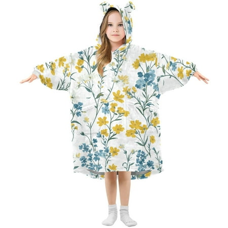 White Blue Yellow Florals Green Leaves Flannel Wearable Blankets Hooded Design Long Sleeves Wrap Unisex for 3T-14Y L White Blue Yellow Florals Green Leaves Flannel Wearable Blankets Hooded Design Long Sleeves Wrap Unisex for 3T-14Y L