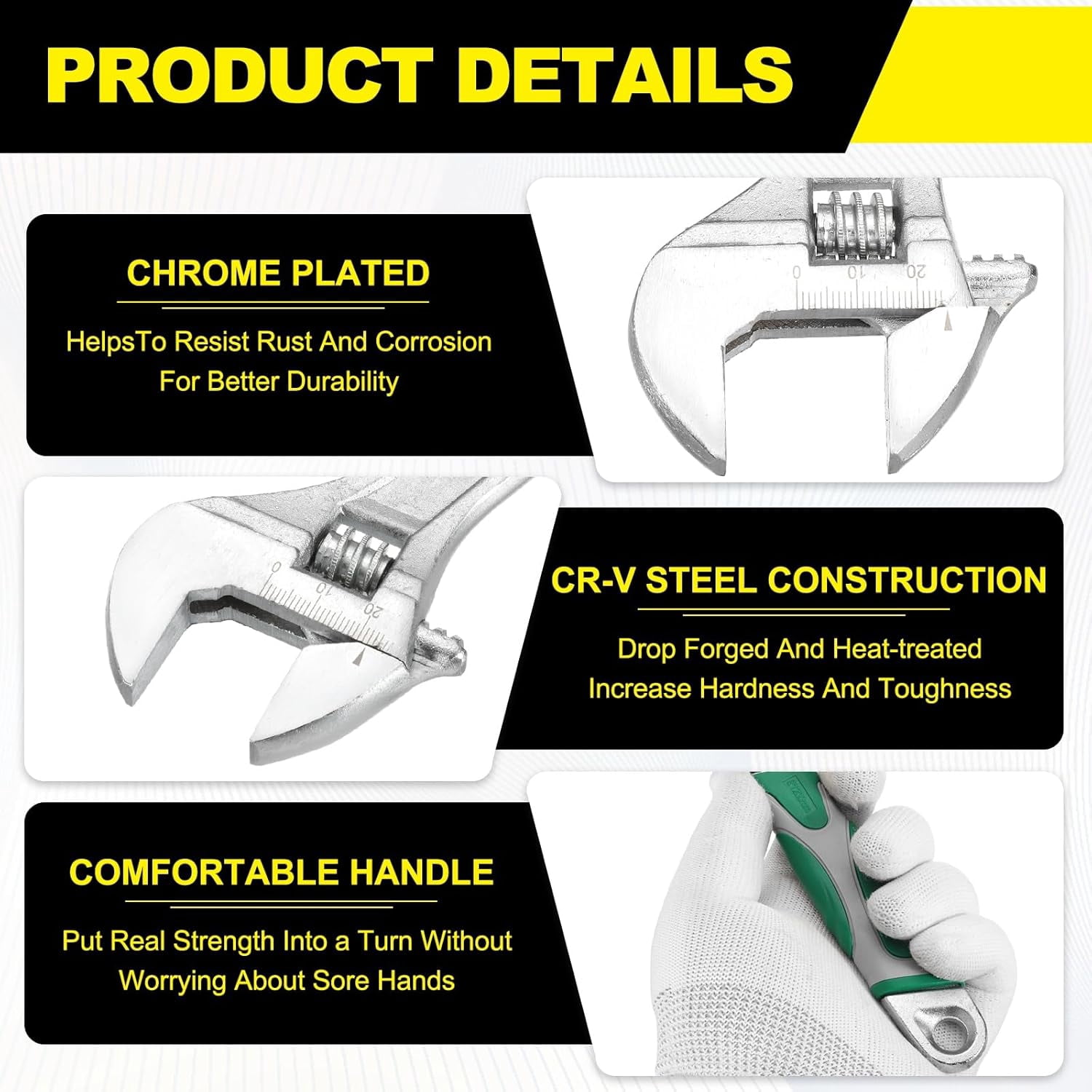 MKEUDQ-Adjustable Wrench 6" High Carbon Steel Industrial Wide Jaw Wrench Adjustable Repairs Spanner Tool with Graduated Scale for Home Garage Workshop Plumbing, Green-Gray