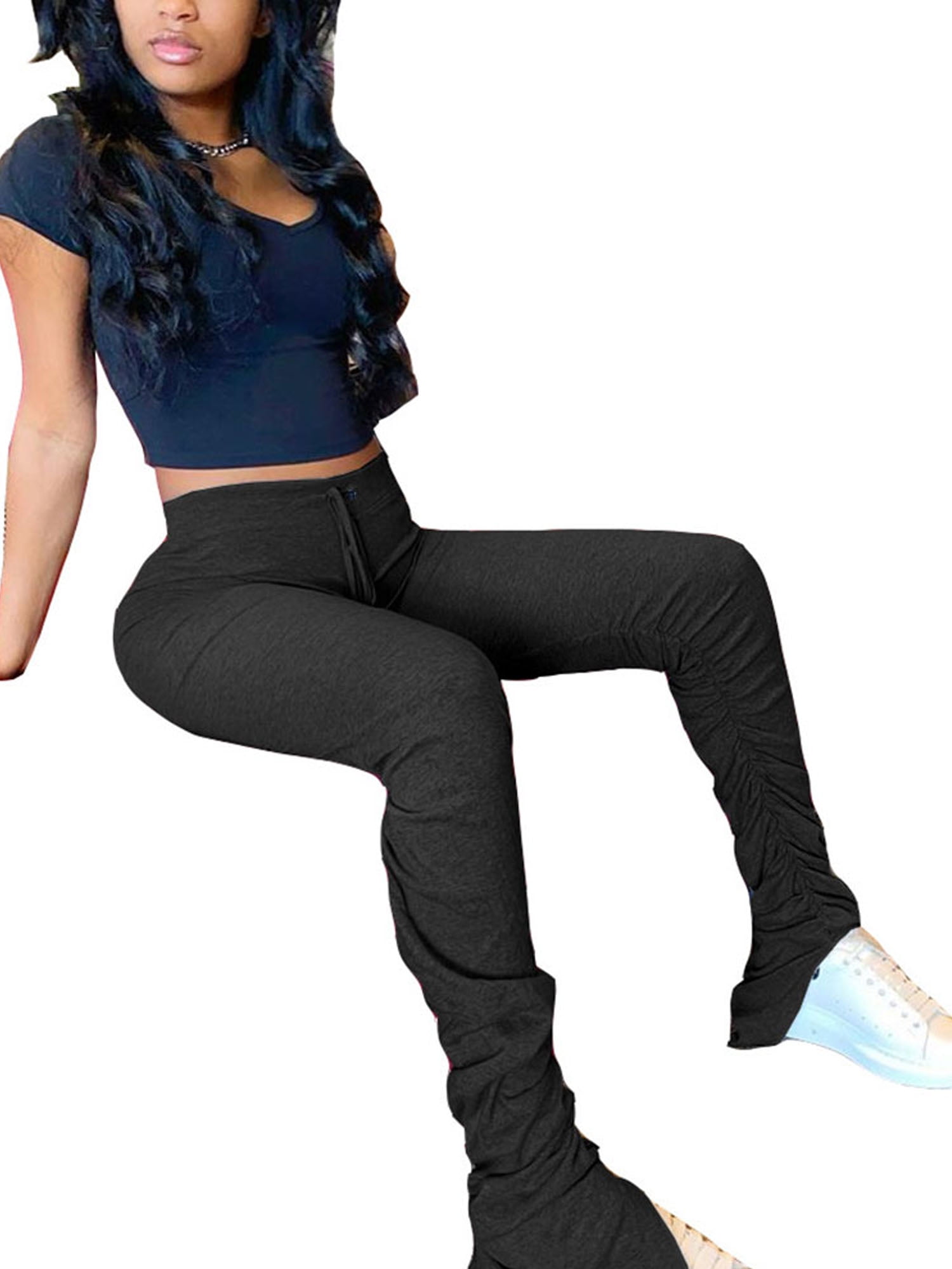 black stacked joggers