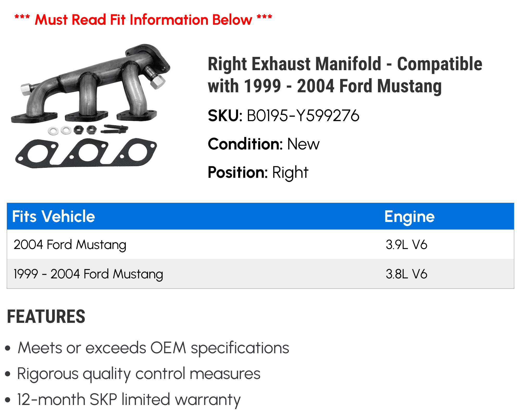 Right Exhaust Manifold - Compatible with 1999 - 2004 Ford Mustang 2000 2001 2002 2003