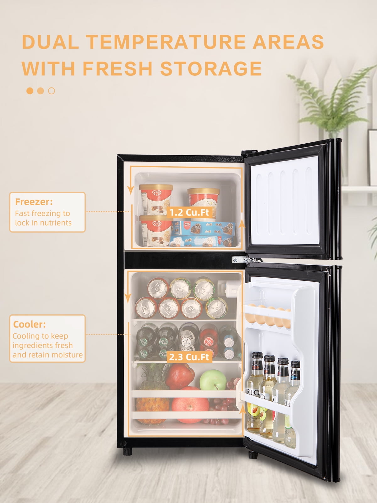 Krib B Compact Refrigerator 3.5 Cu.ft, Mini Fridge with Freezer, Modern Fridge with Dual Door, 7 Grade Temperature Adjustment, Black