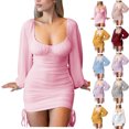 thumbnail image 1 of Gspmoly Robes pour Femmes, Mode Femmes Robe Unie Décontractée à Manches Longues Col à Lien Mi-Cuisse Robes de Soirée pour Femmes jusqu'à 65 % de Rabais, 1 of 9