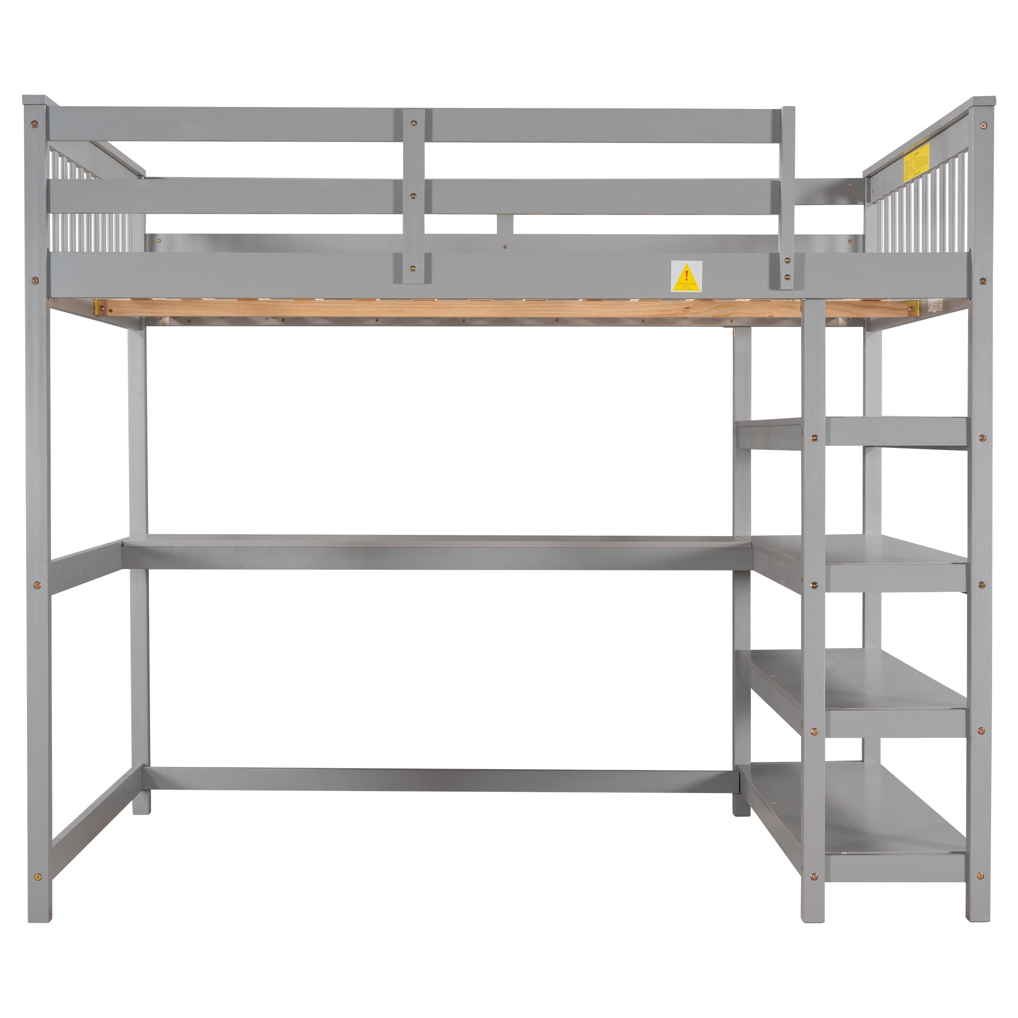 Euroco Solid Wood Full Loft Bed with Desk and 4-Tier Storage Shelves for Kids Bedrrom, Gray